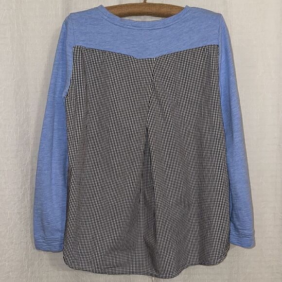 Talbots L Blue Crewneck High Low Sweatshirt Black White Gingham Back - Picture 2 of 12